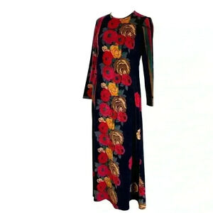 1970’s vintage velour long sleeve roses down front full length dress-size L